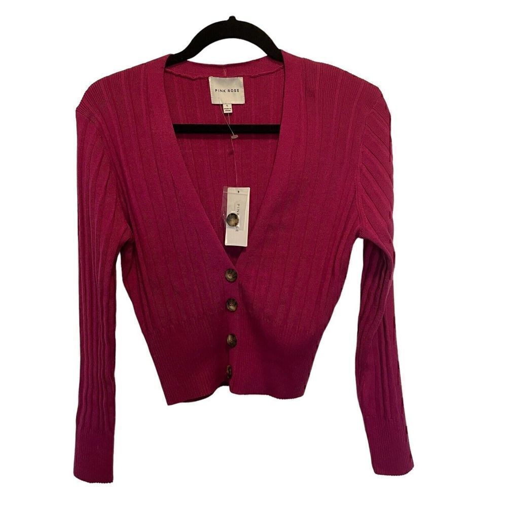 Pink Rose Cropped Cable Knit Button Up Sweater Vibrant Hot Pink Sizes M and L